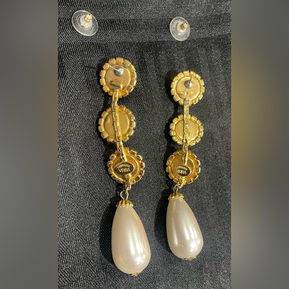 Vintage Signed Lawrence VRBA Faux Pearl Rhinestone 3.5 Dangle Pierced Earrings - Picture 5 of 16